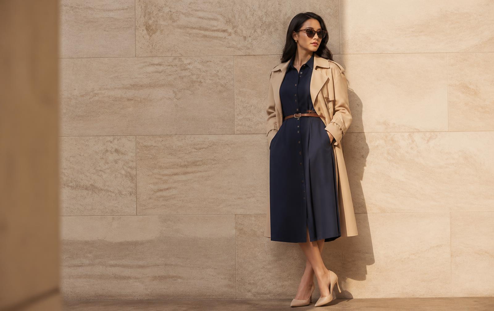Người mẫu HAGOO trong áo khoác trench màu be và đầm sơ mi xanh navy